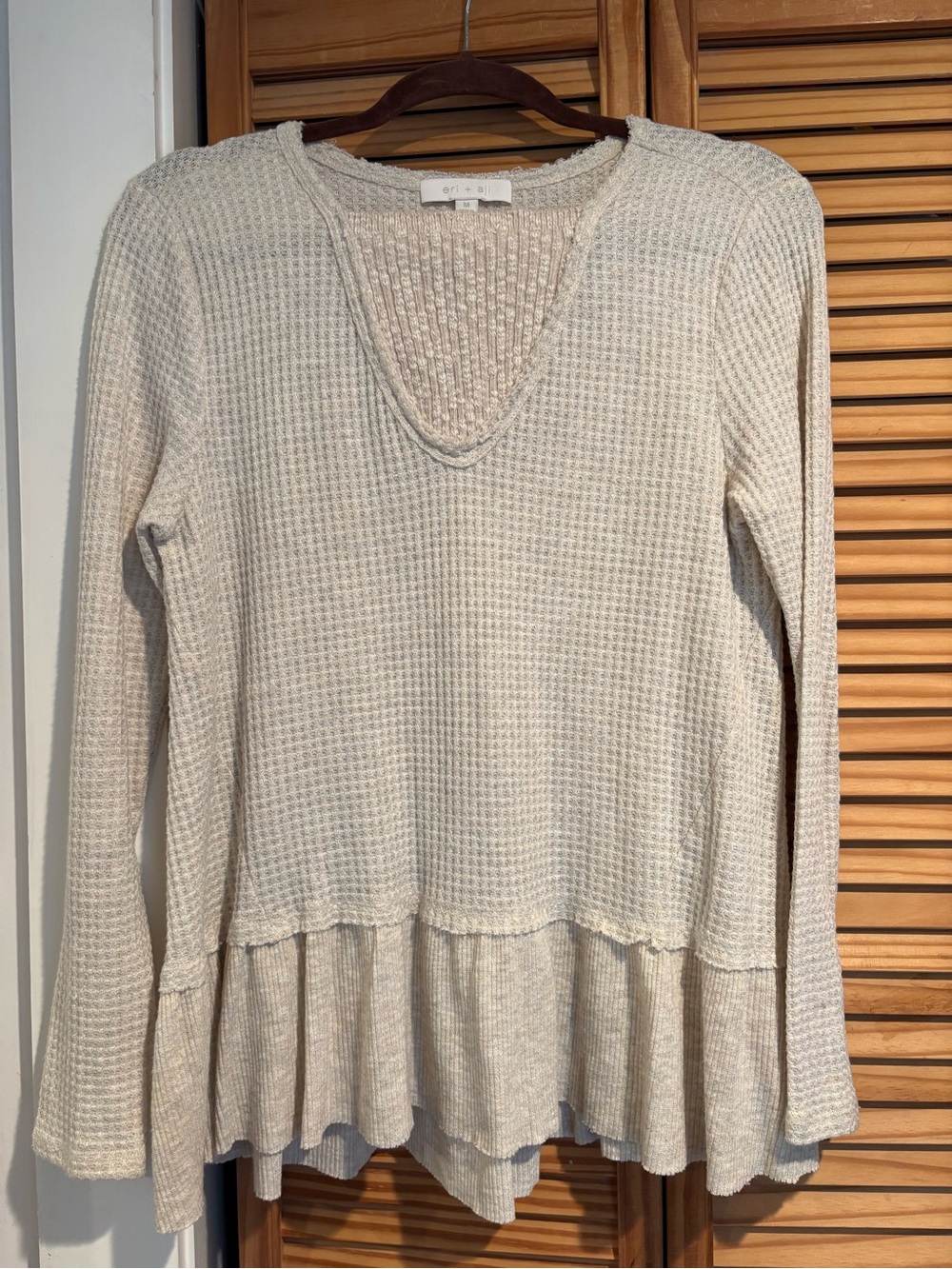 Anthropologie Eri + Ali Tallie Shirt Cream Waffle Knit Peplum Thermal Top Boho M